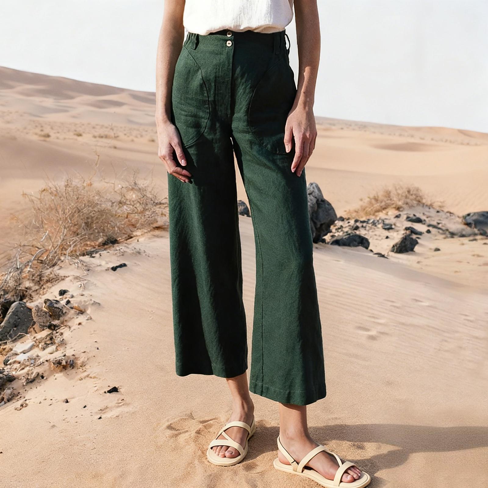 Linen Pants For Women Drawstring Elastic Waist Pants Casual Loose Trousers With Pockets S