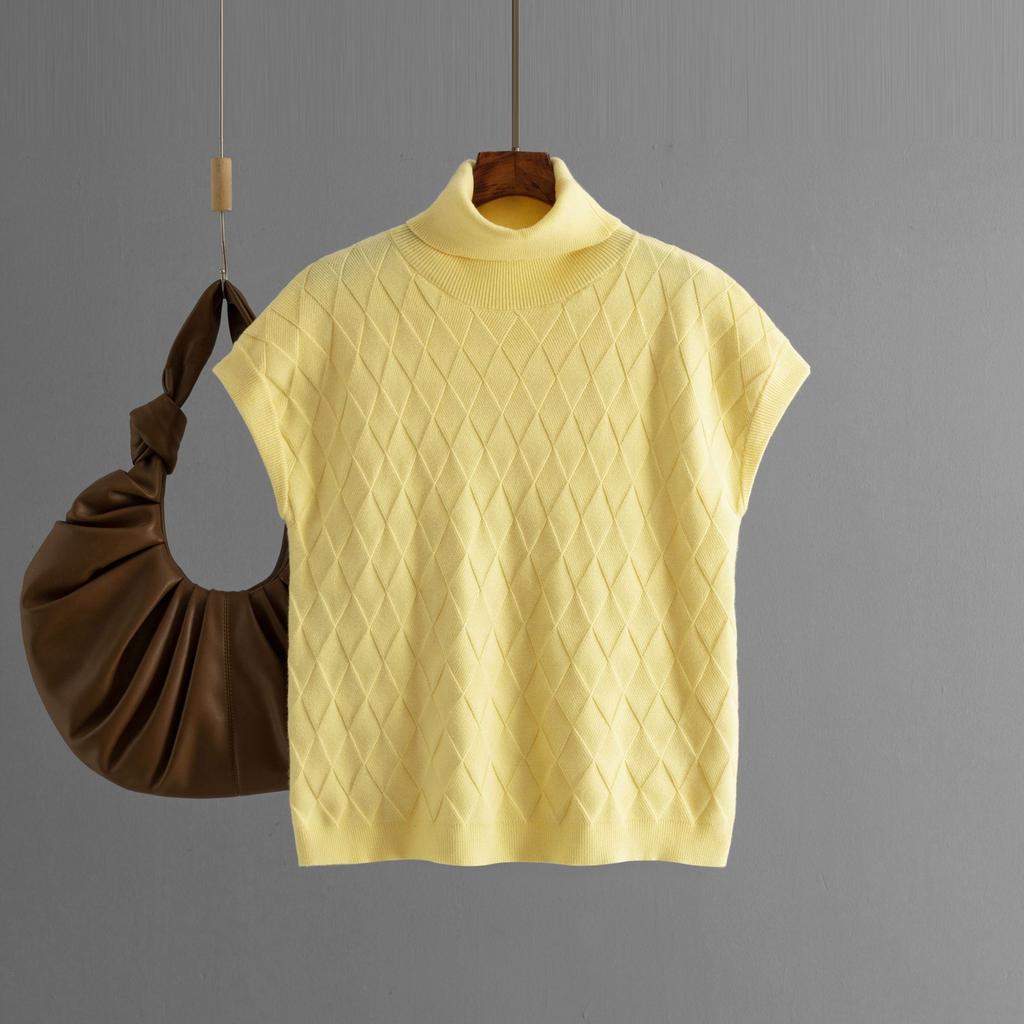 Maglione Autunnale a Collo Alto Senza Maniche Lavorato a Maglia a Scacchi, Top da Donna Largo Casual alla Moda, Camicia Base