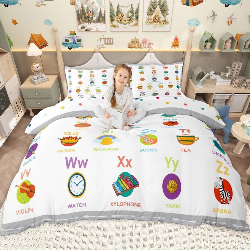 Homewish Kids Alphabet Duvet Cover Set For Boys Girls Monogrammed Bedding Set School Life Theme Comforter Cover Set