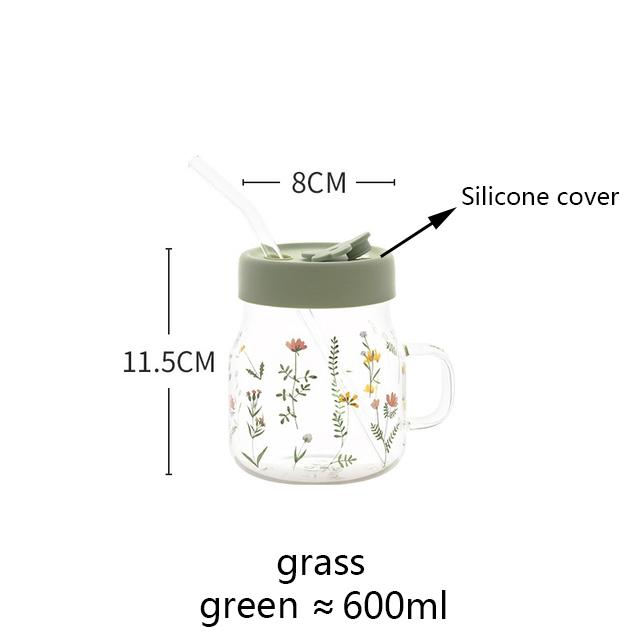 

600/780ml Grass Pattern Mug With Straw And Lid Glass Tumbler With Graduated Heat Resistant Cup For Coffee Milk Drinkware 630-780ml