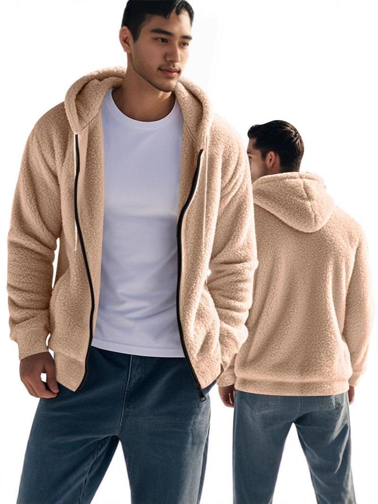 Men's American Style Double-Sided Fleece Hooded Jacket - Autumn/Winter, Zipper, Loose Fit, Casual Sweatshirt.