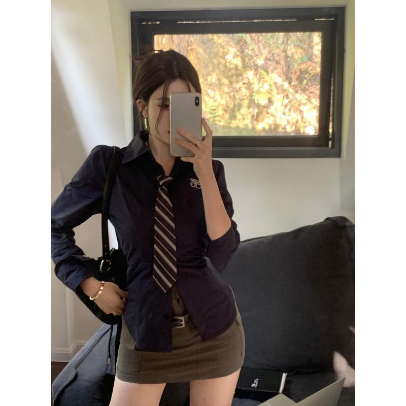 Dámské halenky bílé Y2k s dlouhým rukávem, vyšívané košile s vázáním, korejská móda, slim, lolita, harajuku, JK topy