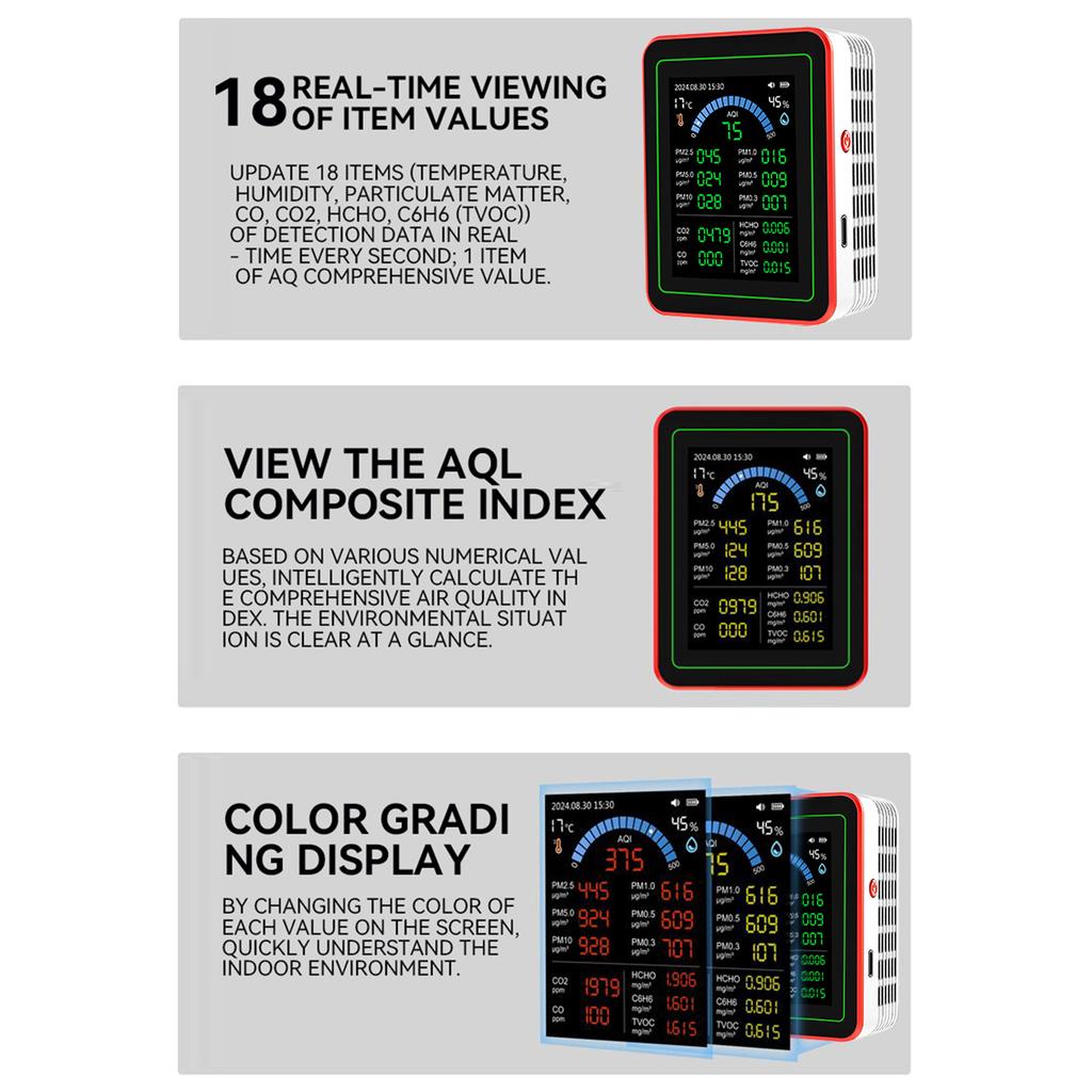 18 in 1 HCHO Meter, Temperature and Humidity Meter with Color Screen for Home Office, Detect Indoor