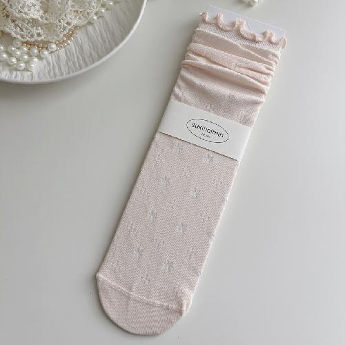 Pink Socks Women Spring and Summer Hollow Thin Breathable Women Socks Ballet Style Floral Print Polka Dot Medium Tube Socks Gift