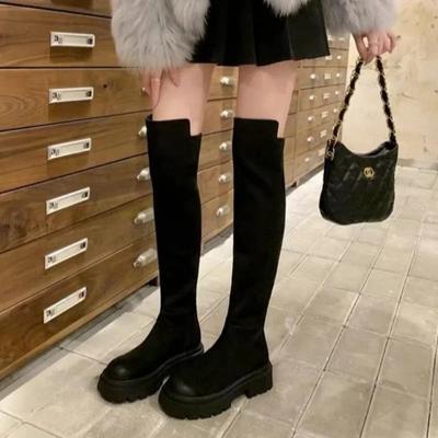Dámské ploché boty na platformě, skládané Chelsea kozačky nad kolena, zimní trendy, nové gladiátorské semišové boty, gotické boty s vysokými ponožkami