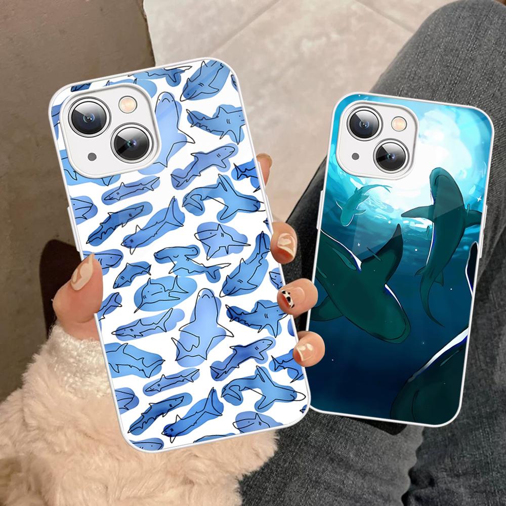 Fashion Trend Animal Sharks Phone Case Tempered Glass For Iphone 14 13 12 11 Pro Mini XS MAX 14Plus X XS XR Fundas