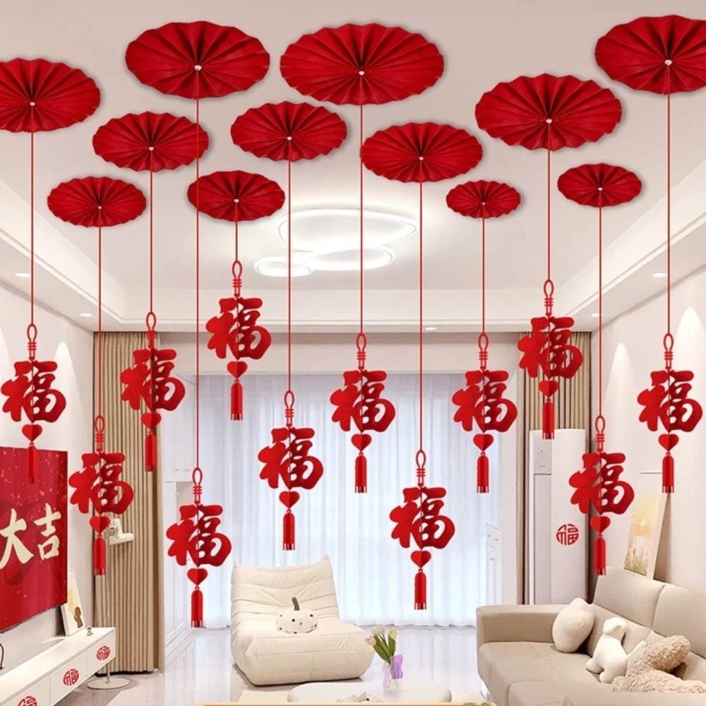 12pcs FU Character New Year Pendant Paper Craft Background Decor Ceiling Hanging Ornament DIY Red Color Hanging Decor