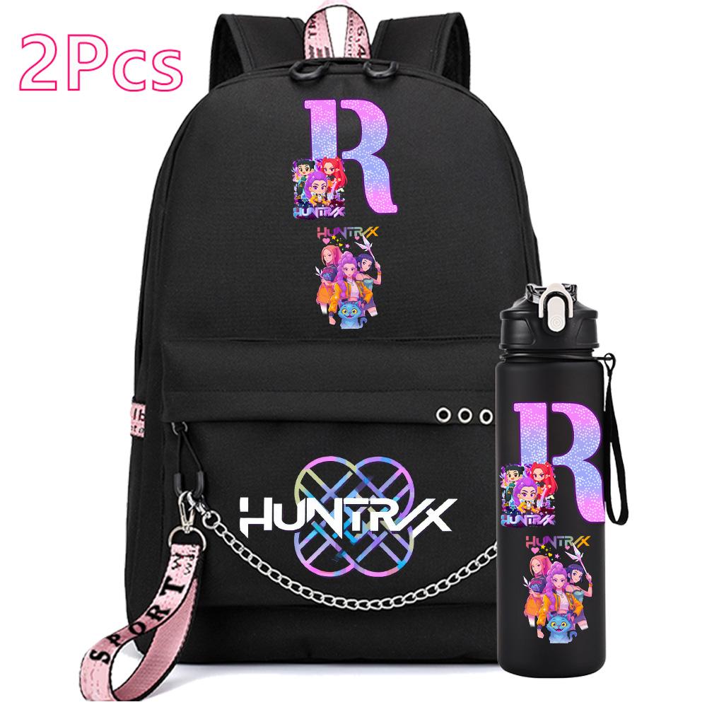 2 st/set Anime Engelsk Bokstav A-Z Tryckt Ryggsäck 750ml Vattenflaska för Student Flicka Pojke Bokväska Resväska Barnpresent