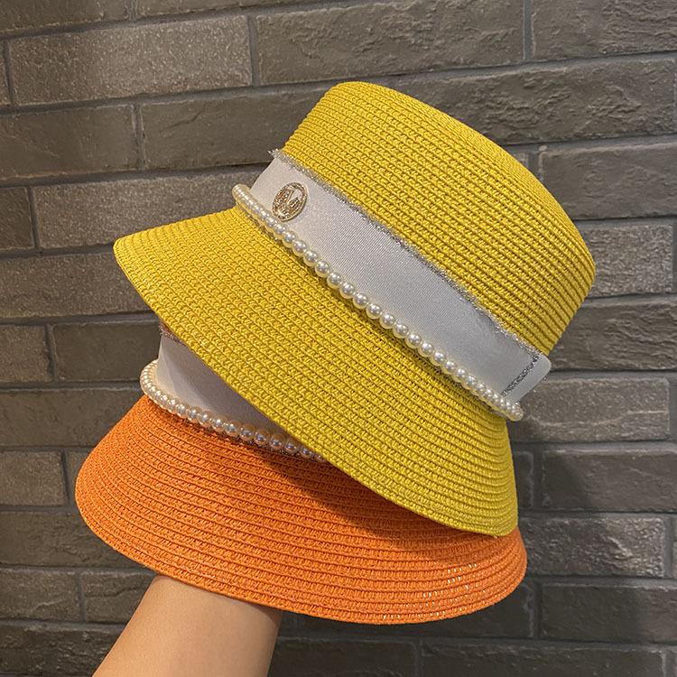 Pearl rhinestone M standard straw hat female summer seaside socialite hat face covering bucket hat sun protection beach hat