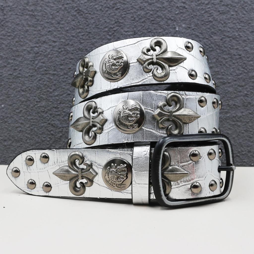 Silber Weiß Krokodilmuster Totenkopf Nieten Ledergürtel - Unisex Punk Hüftaccessoire