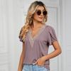 V-neck Petal Short Sleeve Women T-shirt Summer Golden Lace Stitching Loose Pullover Top Streetwear
