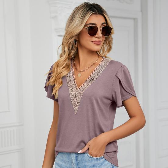 V-neck Petal Short Sleeve Women T-shirt Summer Golden Lace Stitching Loose Pullover Top Streetwear