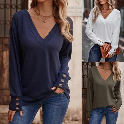 2025 Spring Women's Solid Color V-Neck Loose Long Sleeve T-Shirt with Buttons