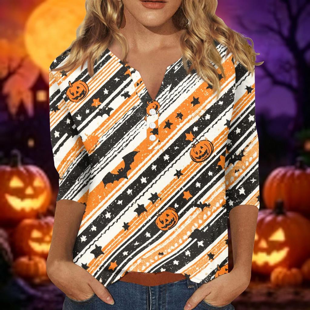 Women Casual Halloween Print V Neck Short Sleeve Button Detail Three Quarter Sleeve T Shirt Top