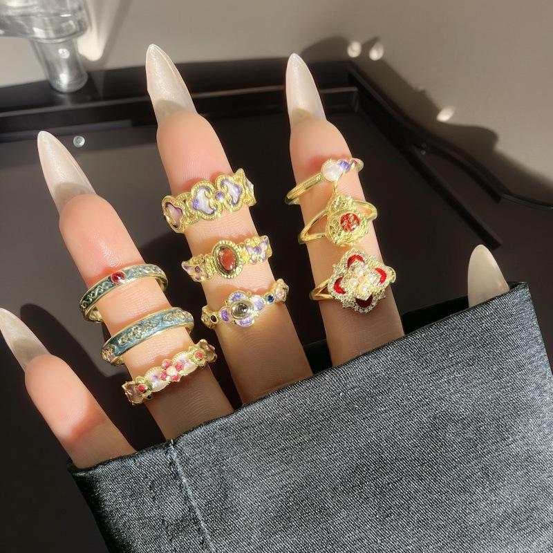 Medieval Vintage Enamel Oil Drop Gourd Open Ring French Retro Court Style Ring Light Luxury Premium Ring