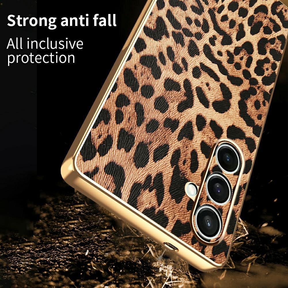 For Samsung Galaxy S24 FE Case Leopard Print PU Leather Coated PC+TPU Electroplating Phone Cover