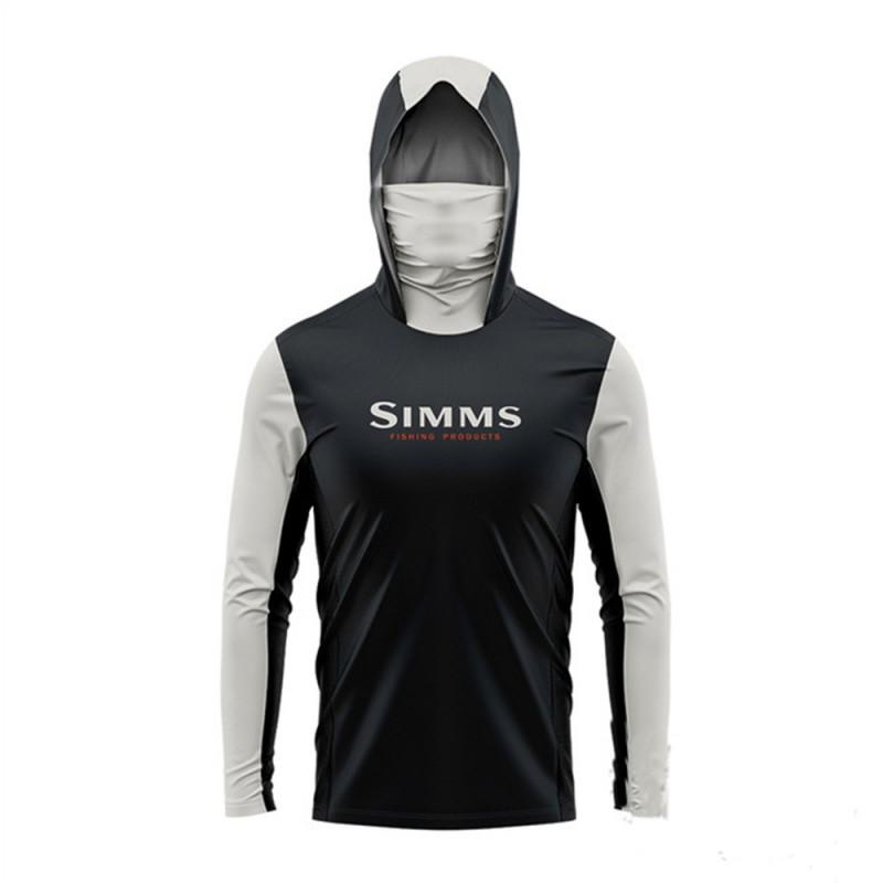 SIMMS Mens UPF50 Long Sleeve Fishing Shirt With Mask Hood UV Protection Angling