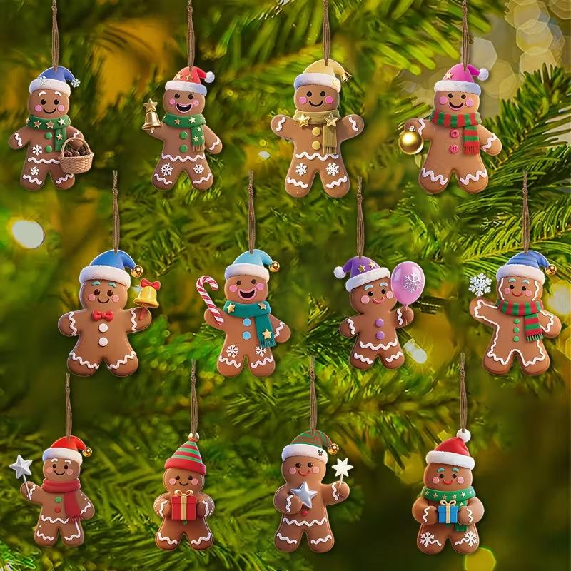 12Pcs Wooden Gingerbread Man Ornaments Christmas Tree Hanging Pendants Kids Gifts Favors New Year Festival Party Home Decoration