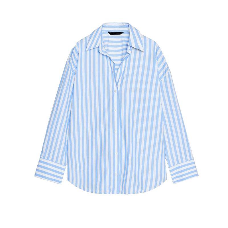 

Spring New Women s Clothing Lazy Stripes Poplin Cotton Long Sleeves Lapel Shirt 8372056 8372061 Blue L