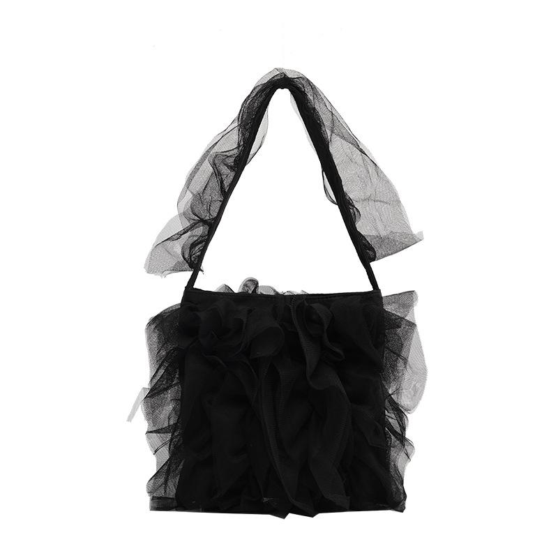 New Japanese sweet ballet mesh lace tulle pleated pearl splicing shoulder bag large-capacity women's bag