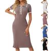 Women's Slim Fit Ribbed Knit Dress Polo Collar Short Sleeve Bodycon Waistband Pencil Skirt Mid Length Dress