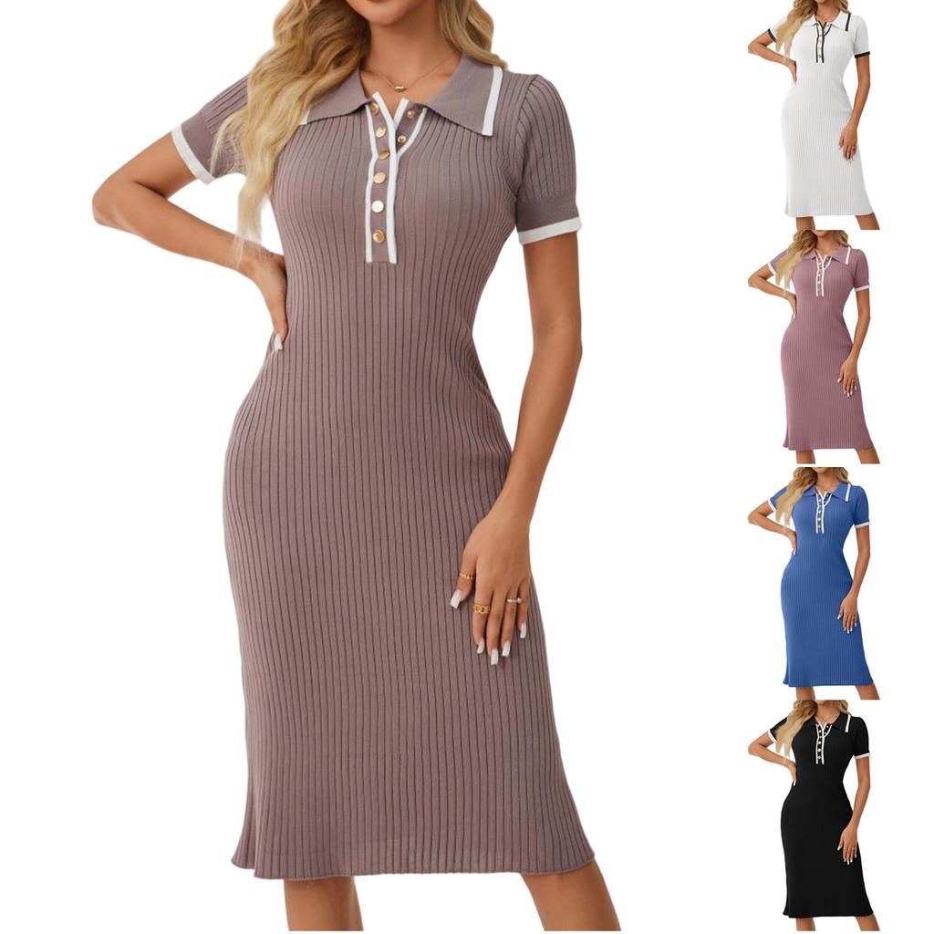 Women's Slim Fit Ribbed Knit Dress Polo Collar Short Sleeve Bodycon Waistband Pencil Skirt Mid Length Dress