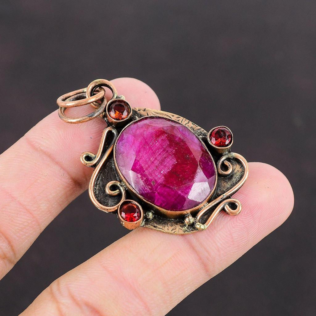 Faceted Kashmir Ruby Pendant Mozambique Garnet Pendant Copper Pendant Gemstone Jewelry Handmade Pendant Gift For Her Designer Copper Jewelry
