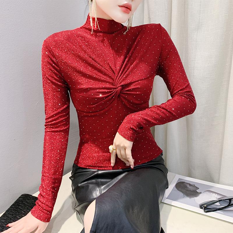 Stylishable Age-reducing Ironing Top for Women In Winter Half-high Neck Bottoming Blouse Tight Pleated Inner Long-sleeved T-shirt Small Blouse Trendy