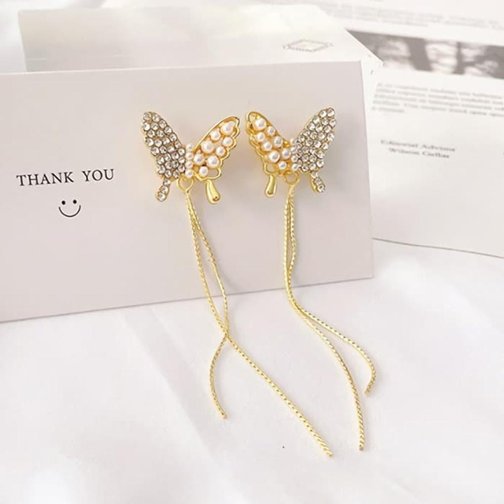 Silver Needle Long Pearl Freshwater Earrings, Earring Chain, Cubic Half and Half Butterfly