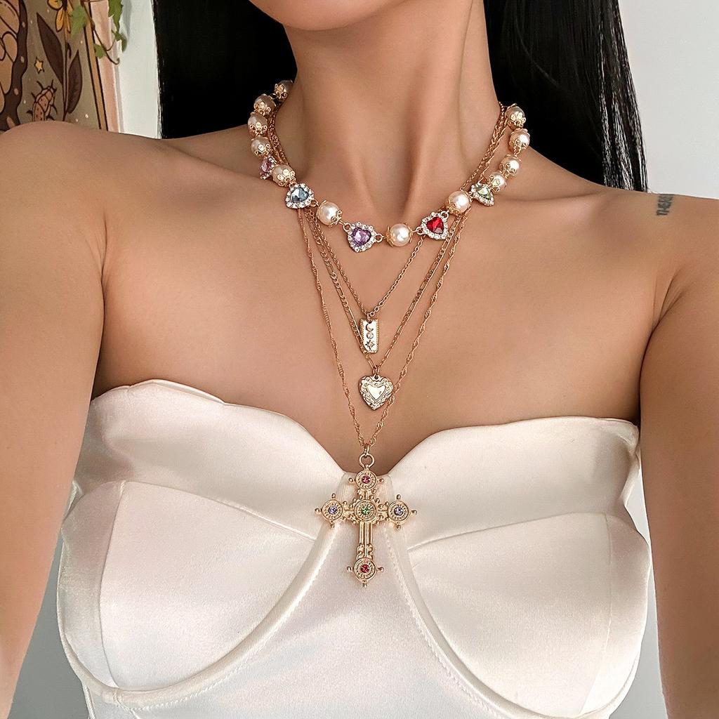 Sweet Cool Style Cross Alloy Pendant Chain Diamonds Pearls Beads Tassel Necklace