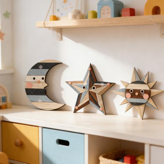 3 Pcs Rustic Sun Moon Star Wooden Wall Art Bohemian Style Vintage Wall Hanging Decorations for Boho Farmhouse Living Room Bedroom Decor