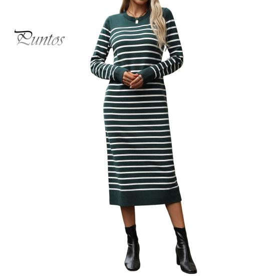 

Платье женское осень-весна с круглым вырезом, полосатым принтом, облегающим кроем, длинными рукавами, длиной до середины икры, трикотажное платье миди для свиданий и поездок на работу L зелёный