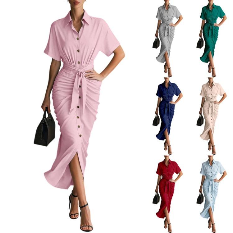 Women's Casual Dresses - Vintage Women Pleated Short Sleeve Button Down Shirt Dress Fashion
