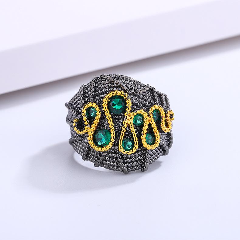 Fashion Simulation Color Treasure 925 Vintage Black Gold Sparkly Diamond Lady Ring Party Birthday Bride Gift