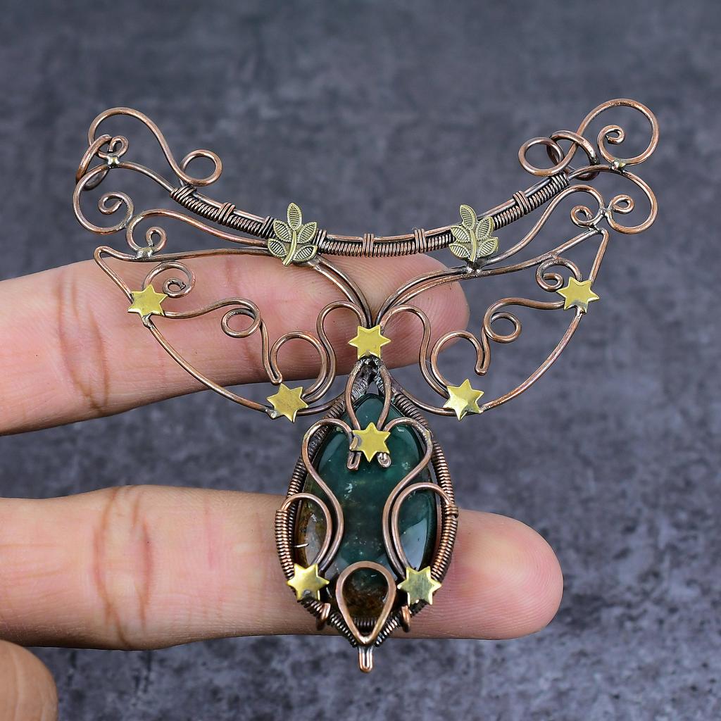Chrysoprase Handmade Copper Wire Wrap Jewelry Pendant 3.55" o0u73
