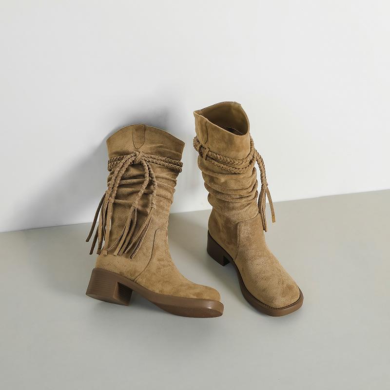 Spot Wasteland Wind Woven Fringed Retro Short Boots Women's 2025 Autumn and Winter New Thick Heel Western Medium Tube Knight Boots