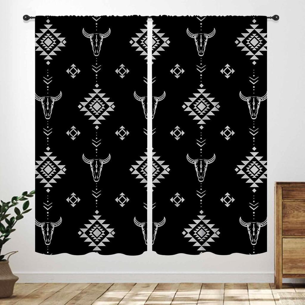 Western Cow Skull Curta,Beige Southwestern Bohemian Geometric Pattern Native Aztec Longhorn Head Cowboy Farmhouse Country