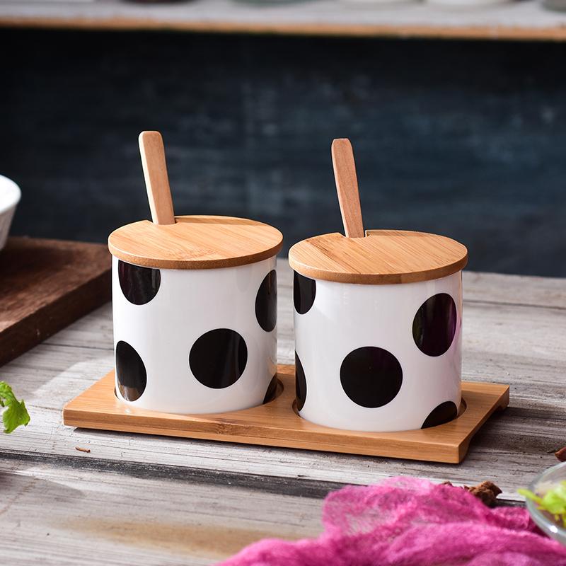 Polka Dot Ceramic Seasoning Tank Spice Jar Suit Combination Kitchen Seasoning Box Nordic Salt Shaker Household Kitchen Supplies