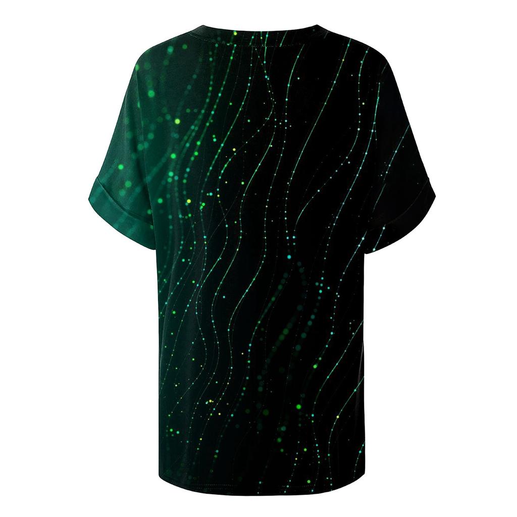 Women's Fashion Casual V-Neck T-Shirt Colour Block Splicing Printed Short Sleeve Loose Top