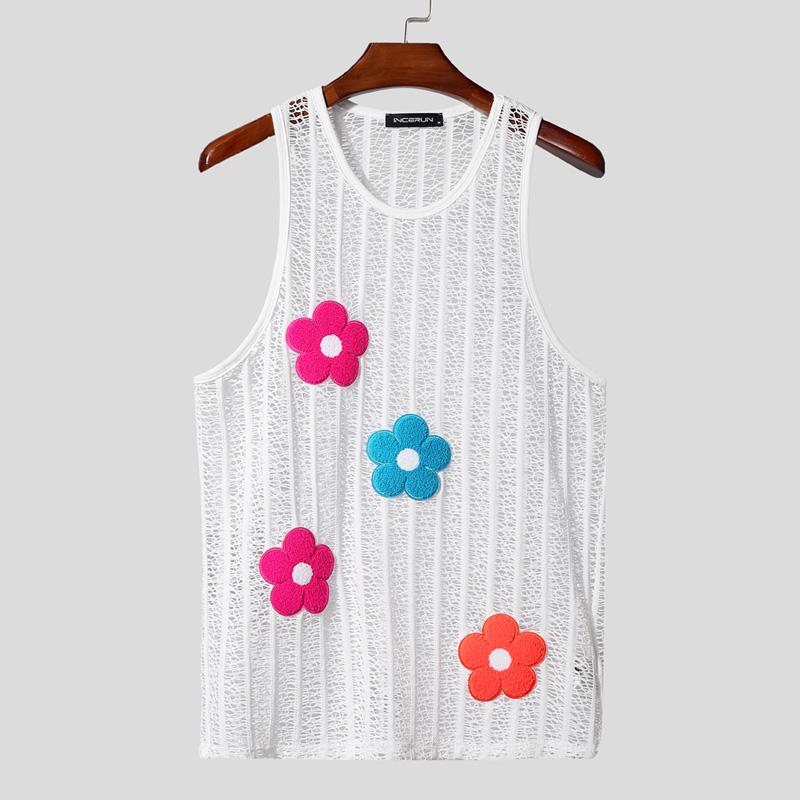 

INCERUN Men Round Neck Sleeveless See Through Flowers Casual Tank Tops 5XL белый