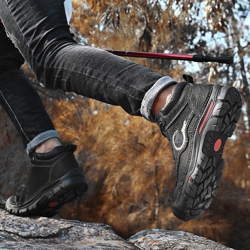 Podzimní/zimní kožené botyPánské turistické boty Vysoké kožené plyšové outdoorové bavlněné boty Velká velikost 39-46