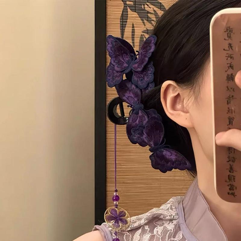 Chinesischer Stil Stricken Schmetterling Haarspangen Damen Lila Lange Blume Quaste Haifisch Greifklemmen Vintage Hanfu Kopfschmuck
