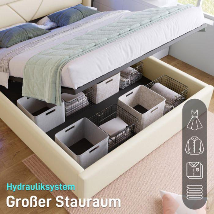 Lit de rangement - MUVOE - 160x200 cm - LED avec télécommande - Cuir blanc - 2 places