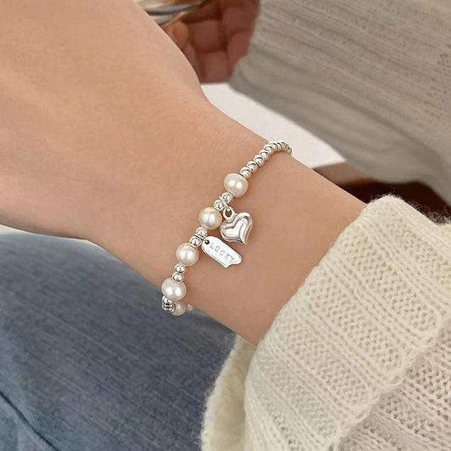 Stříbro ryzosti 925 Perlový korálek Srdce Přívěsek Charm Náramky pro ženy Minimalistické Roztomilé Jemné Šperky Doplňky