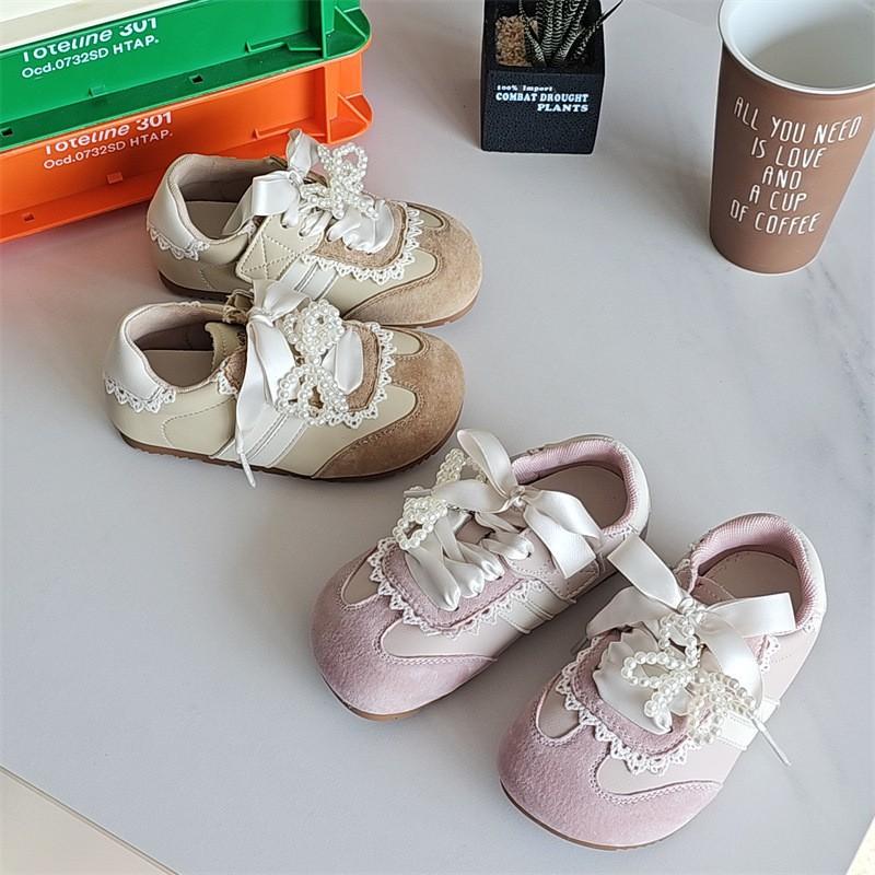 Girls' Korean-style children's sneakers, new spring and autumn German training shoes, pearl lace single shoes, baby walking shoes