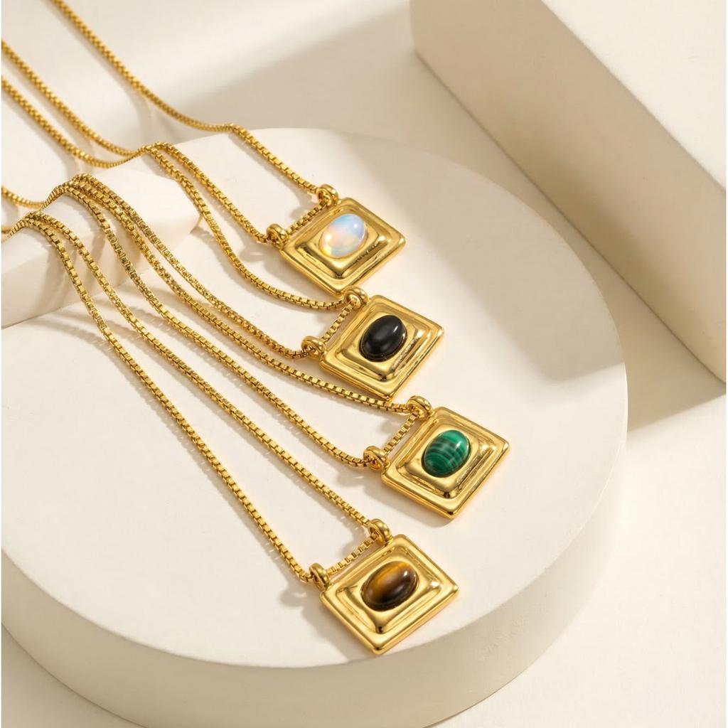 Vnox Trendy Natural Peacock Stone Pendant Necklaces for Women Gold Plated Rectangular Opal Tiger's Eye Stones Necklace Jewelry