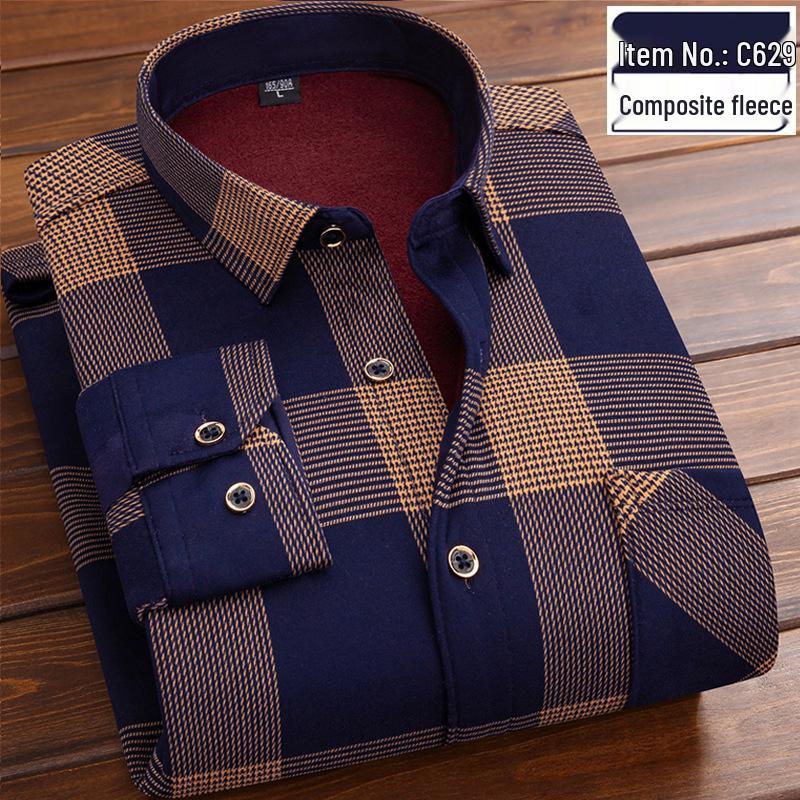 Men's Retro Plaid Fleece-lined Winter Shirt - Thick, Warm, Long-sleeved Casual Top for Middle-aged and Elderly