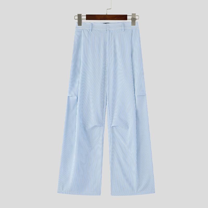 

INCERUN Men Casual Zipper Waist Striped Long Ruffled Wide Legs Pants Trousers 5XL синий