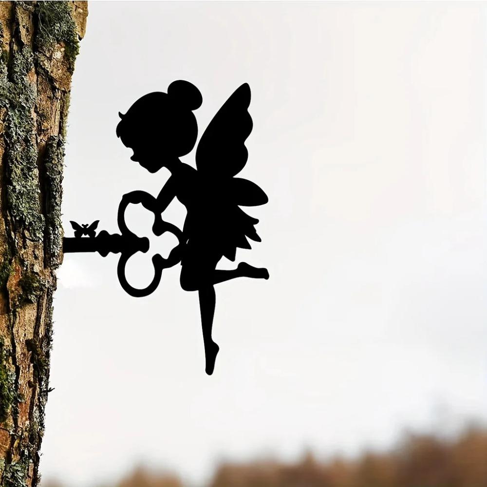 1 Stück Erhöhen Sie Ihr Zuhause mit einer bezaubernden Elfe auf einem Ast, Stahlsilhouette, Metall-Wandkunst-Statue, Pfahl