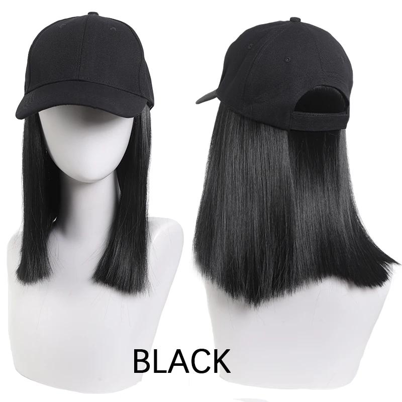 Elegant Women'S Black Baseball Cap With Adjustable Hat Wig - Long Straight Synthetic Hair, One Piece